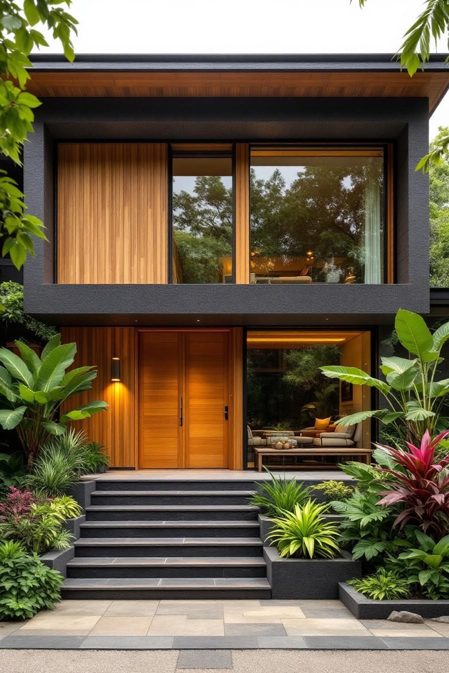 Modern tropical house with lush greenery and wooden accents