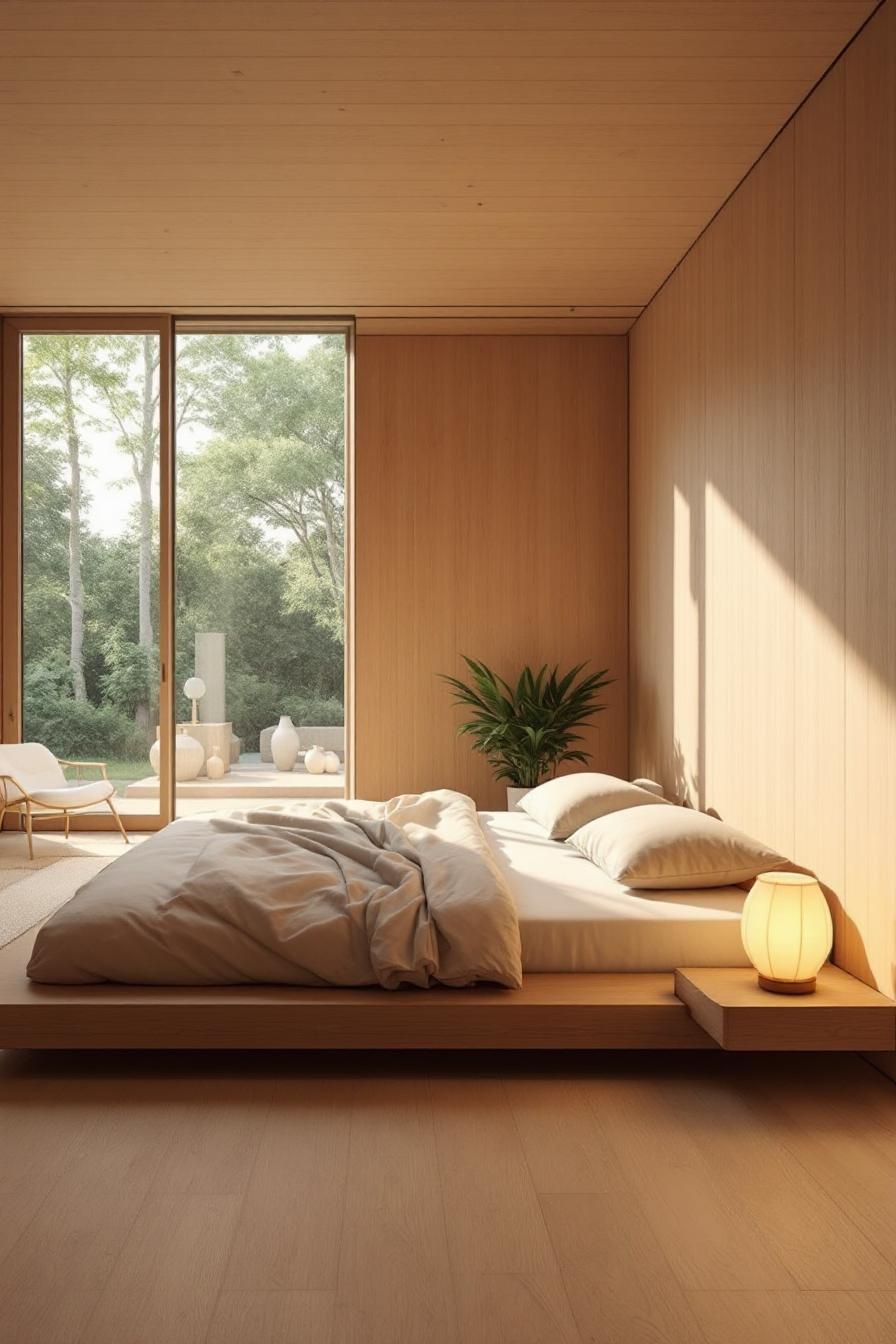 Minimalist bedroom with wooden walls and a large window to the garden