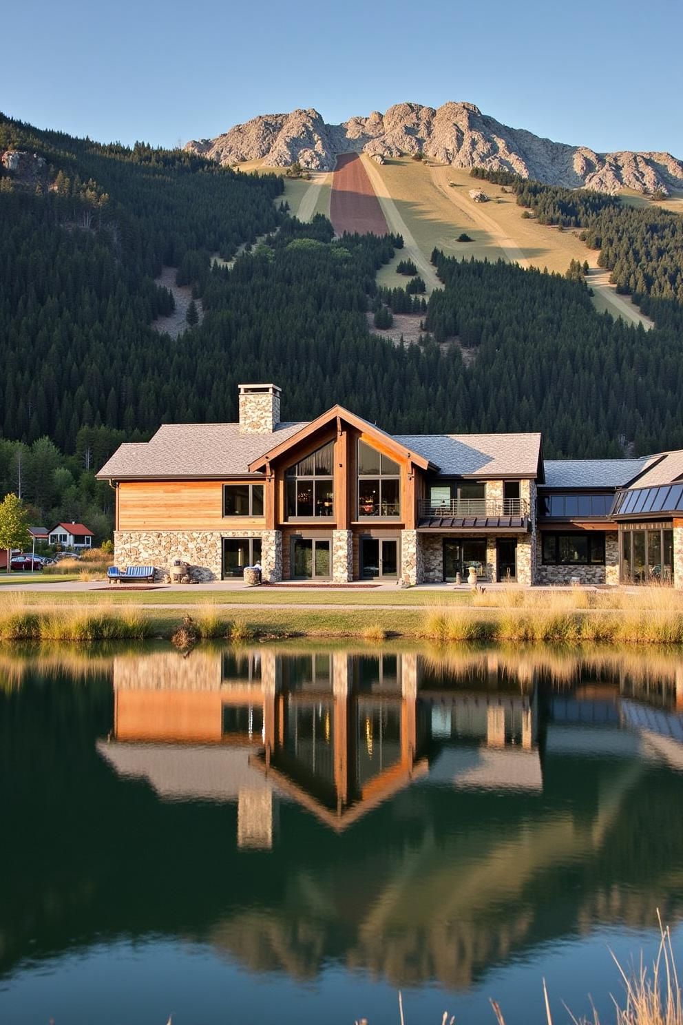 Mountain lodge reflecting in a tranquil lake