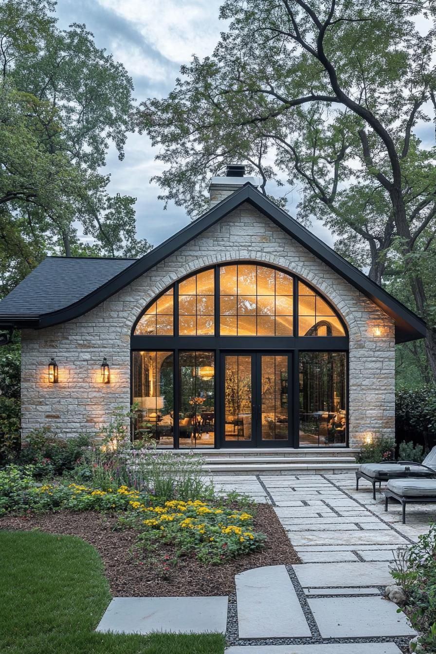 Stone house with large arched window and garden