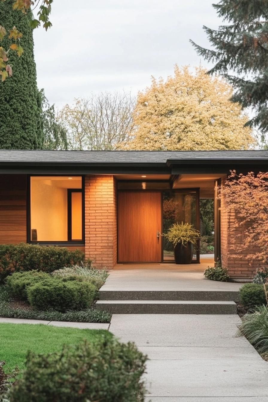 Modern bungalow with a brick facade and lush greenery