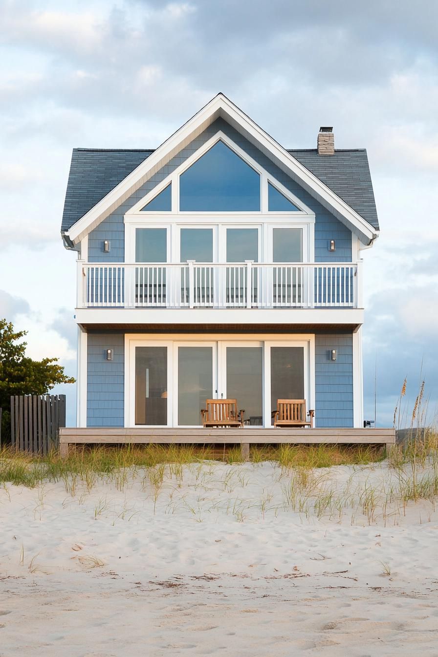 Two-level beach house with blue siding and white trims