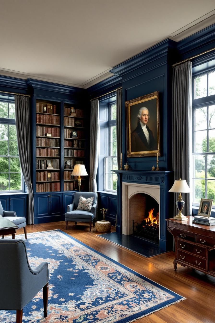 Colonial-style room with blue walls, a portrait, and a cozy fireplace