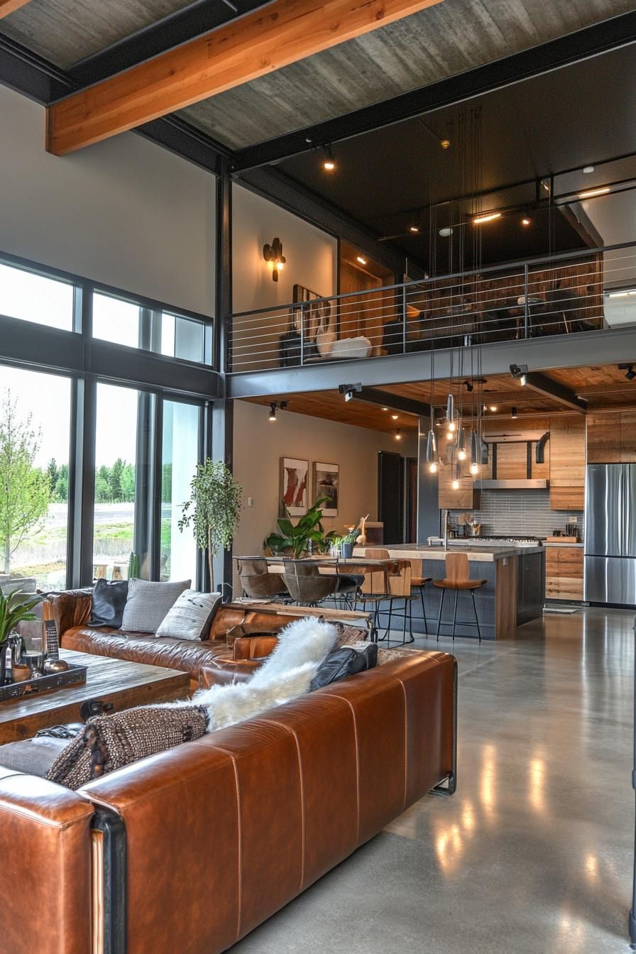 Open-plan modern loft with leather couch and kitchen