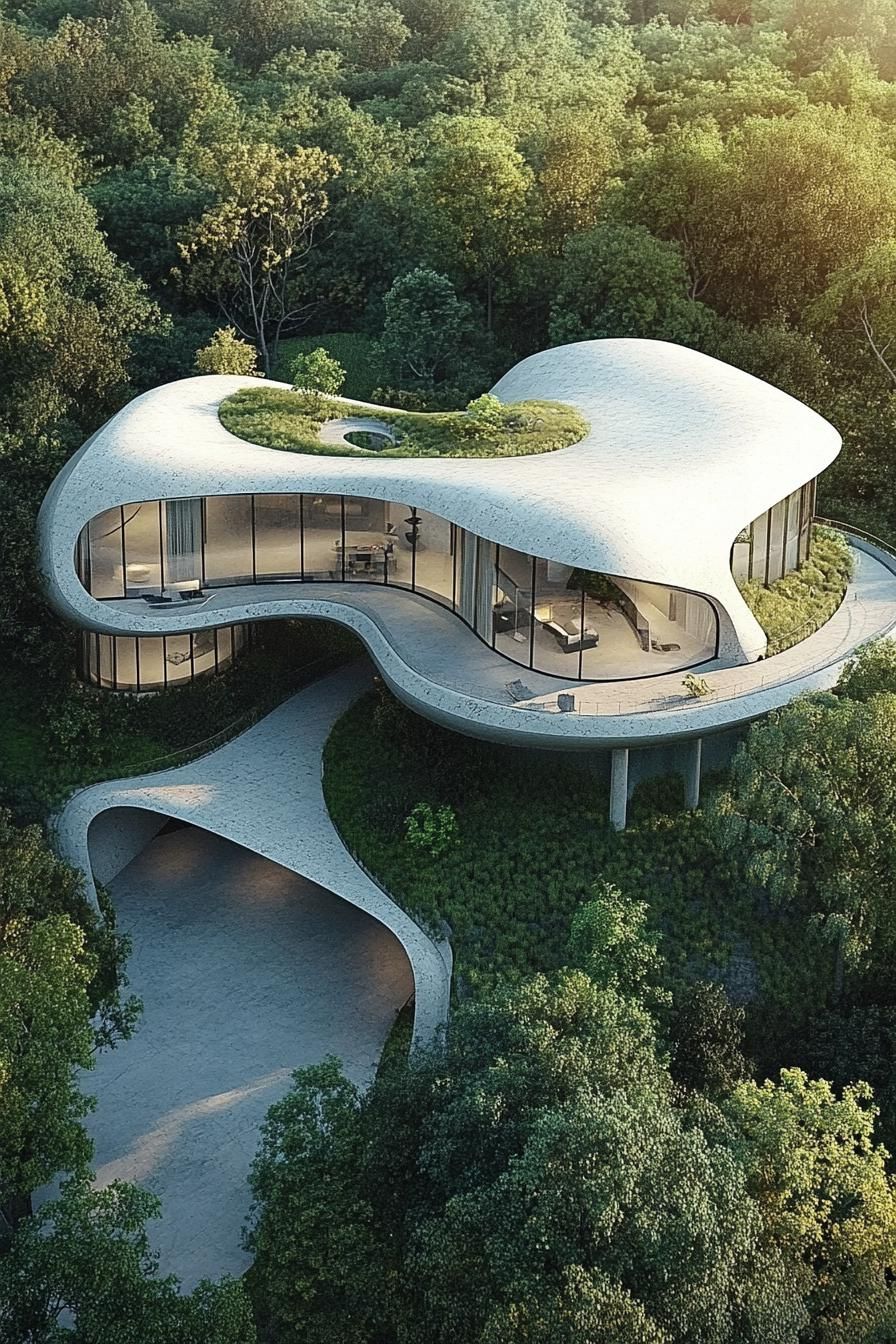 Futuristic home with curved surfaces and rooftop greenery