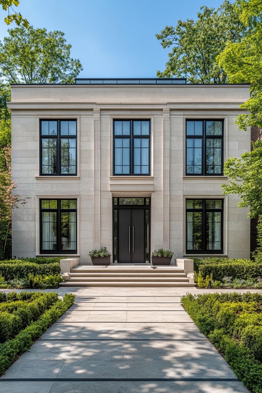 Elegant townhouse with grand entrance and lush surroundings