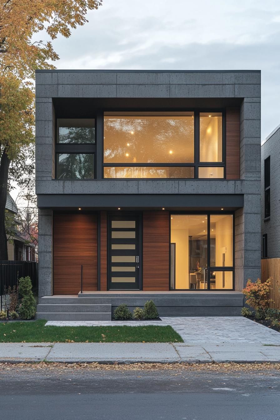 Modern house facade with large windows and wooden accents