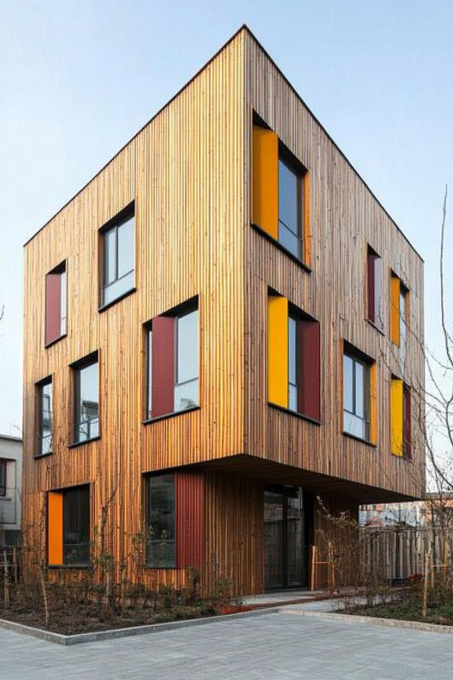 Contemporary wooden cube building with colorful window panels