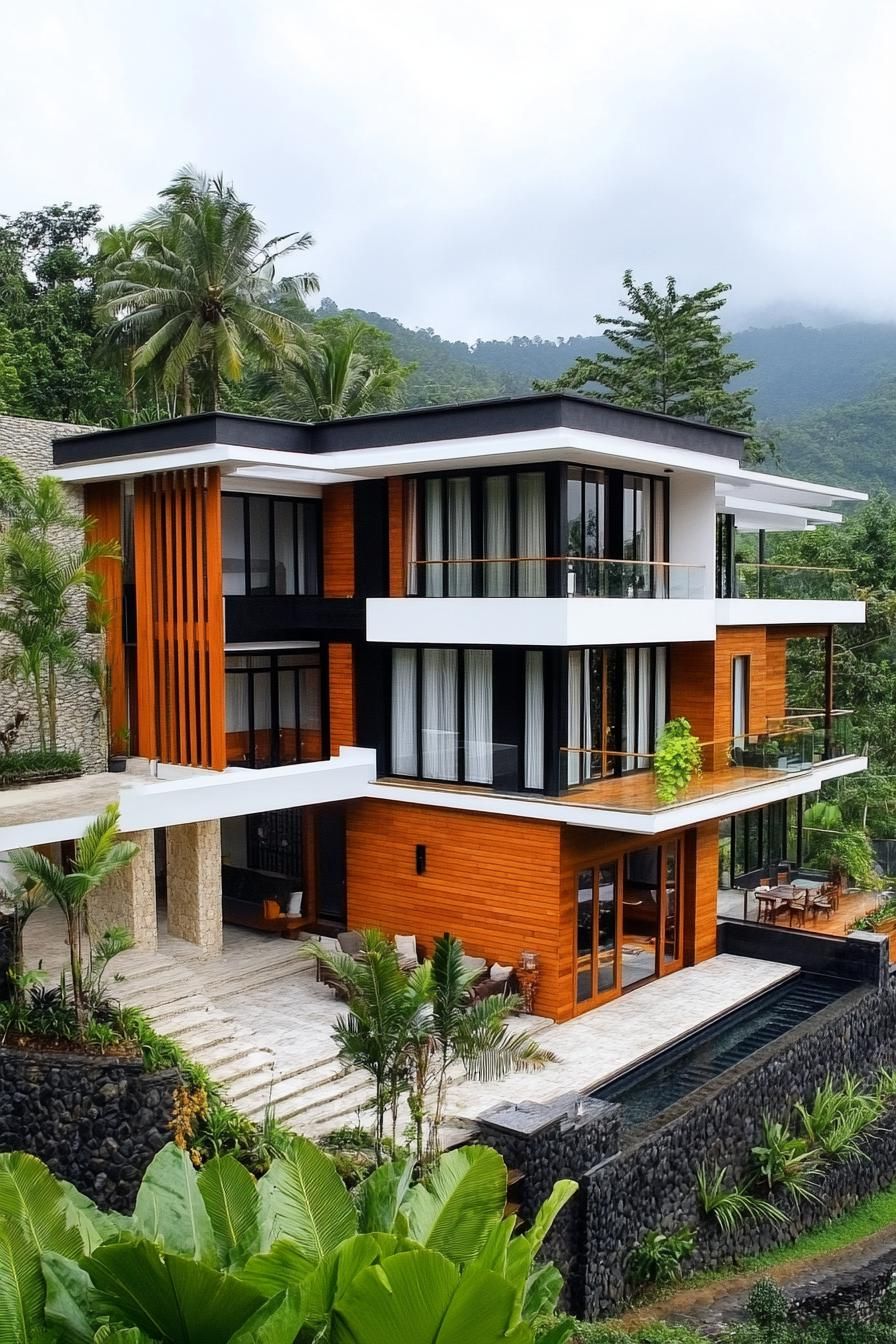 high angle view of a modern house with geometric blocked facade white and natural wood siding tropical rice terraces 1