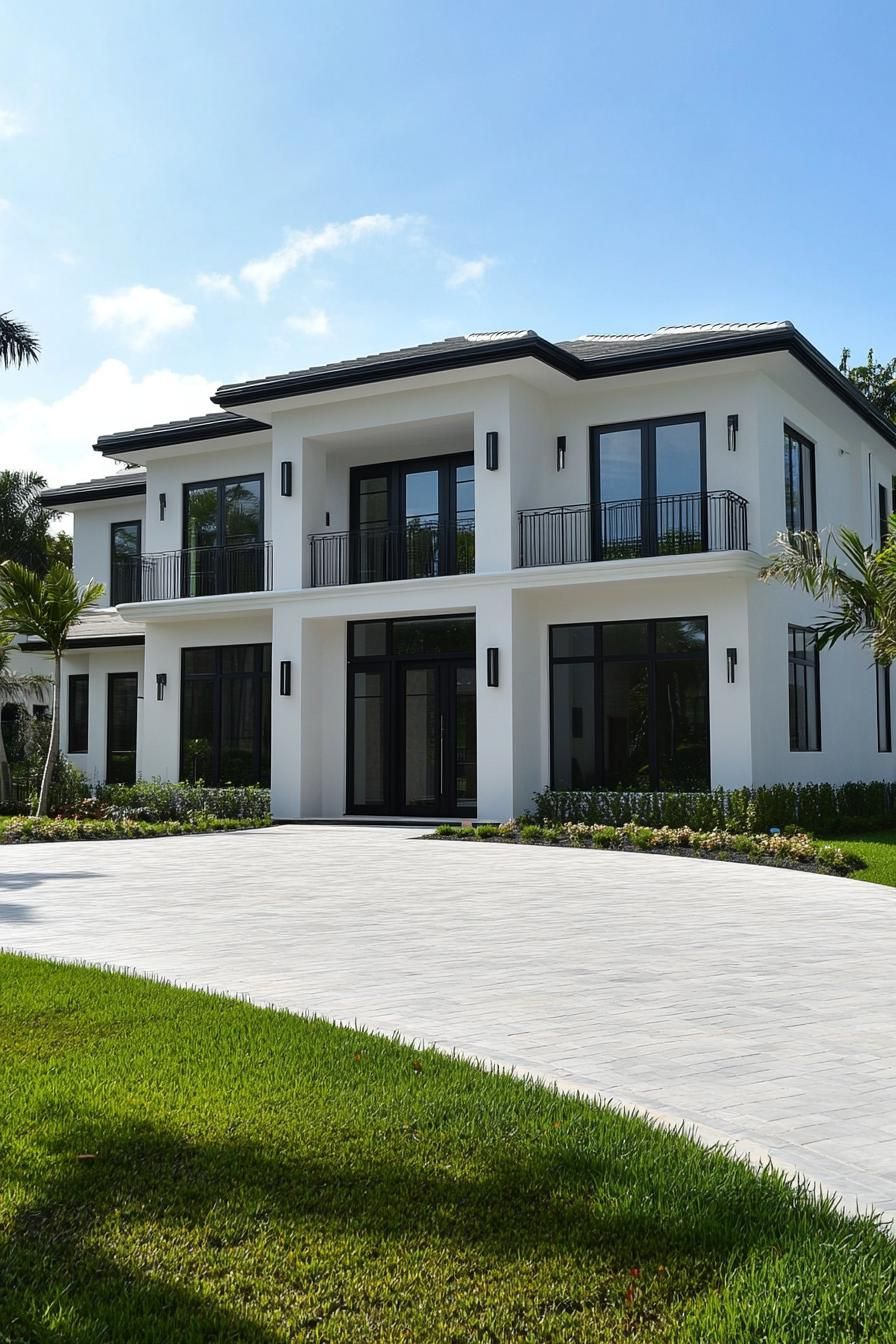 Modern white house with large windows and a lush lawn