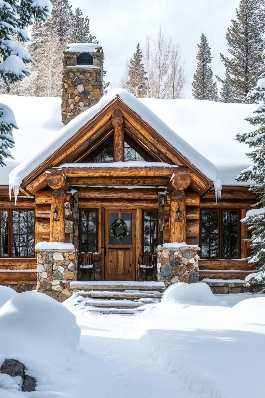 Cozy log cabin nestled in snowy forest