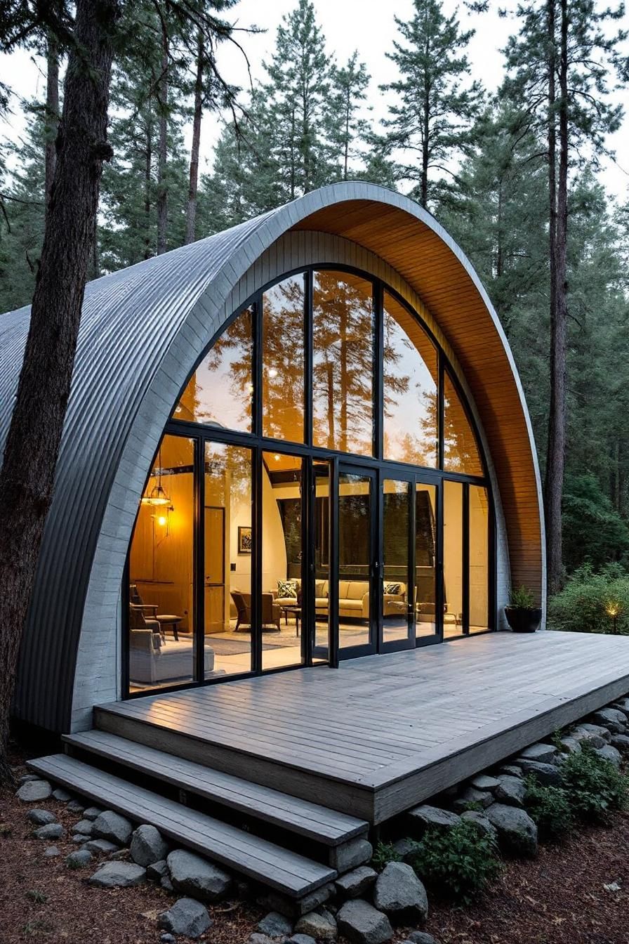 Cozy arched home with large glass front and warm lighting