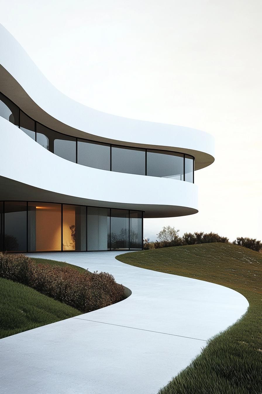 Modern house with curving architecture and glass walls