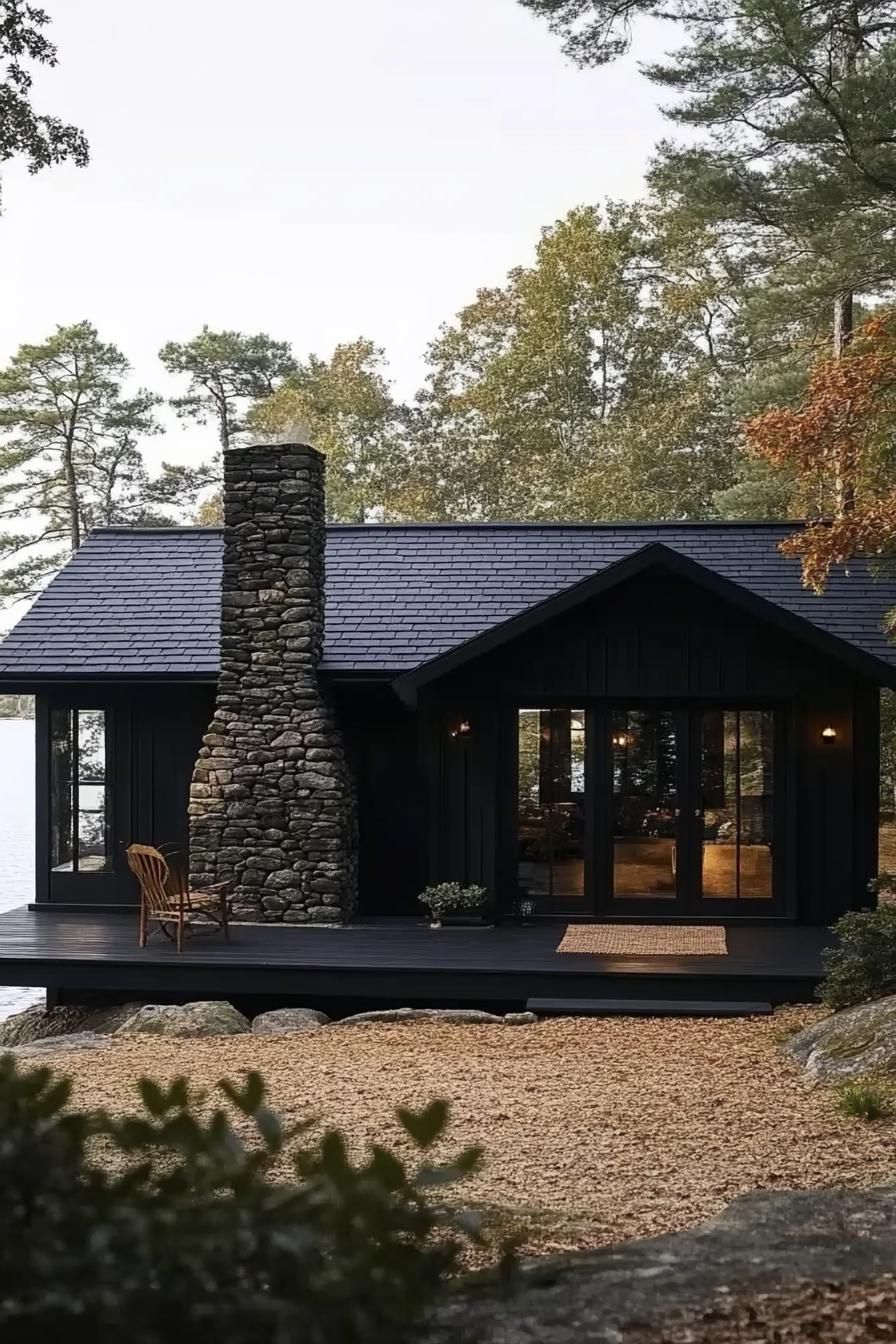 A cozy cabin with a charming stone chimney in the woods