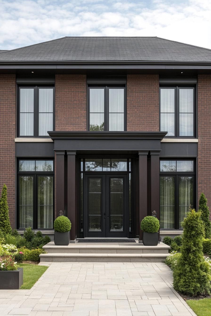 Elegant entrance of a modern brick townhouse with black framed windows