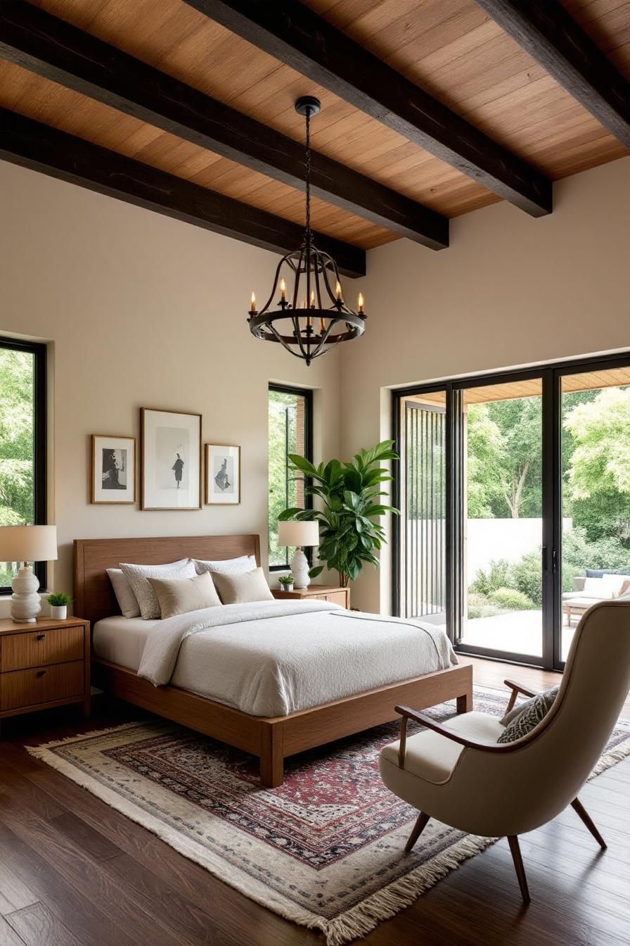 Modern bedroom with rich wood and large windows