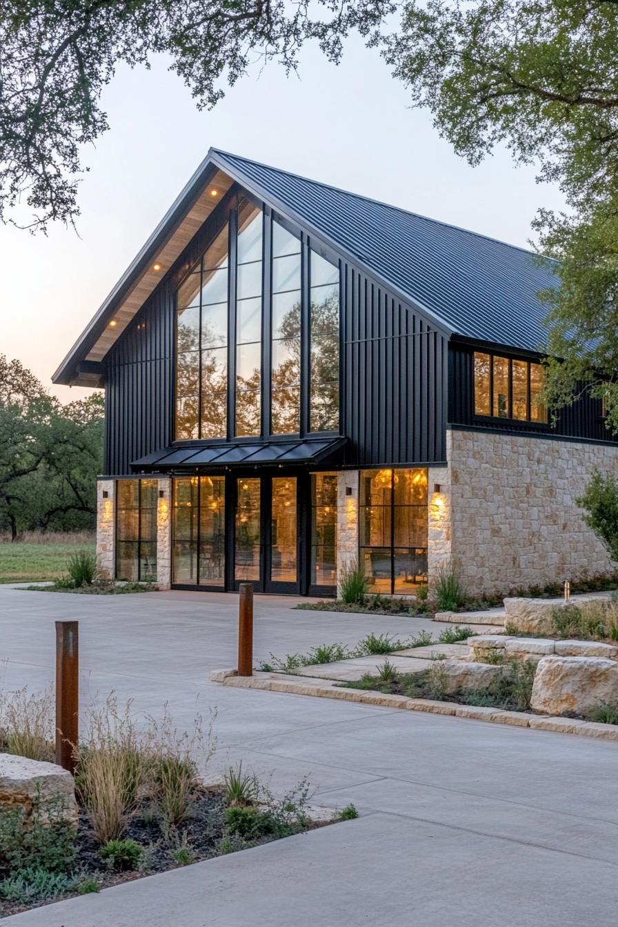 Modern barn-style home with sleek black exterior and large glass windows