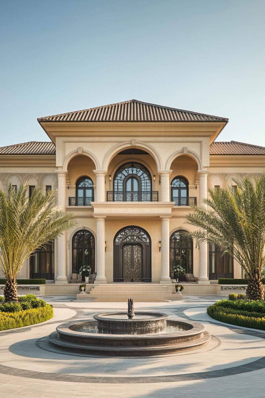 Elegant mansion with columns and fountain