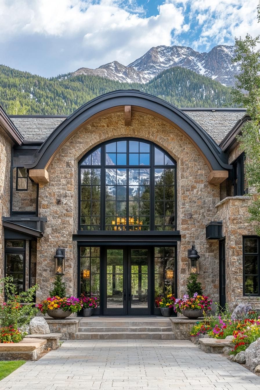 Grand stone entrance with stunning mountain backdrop