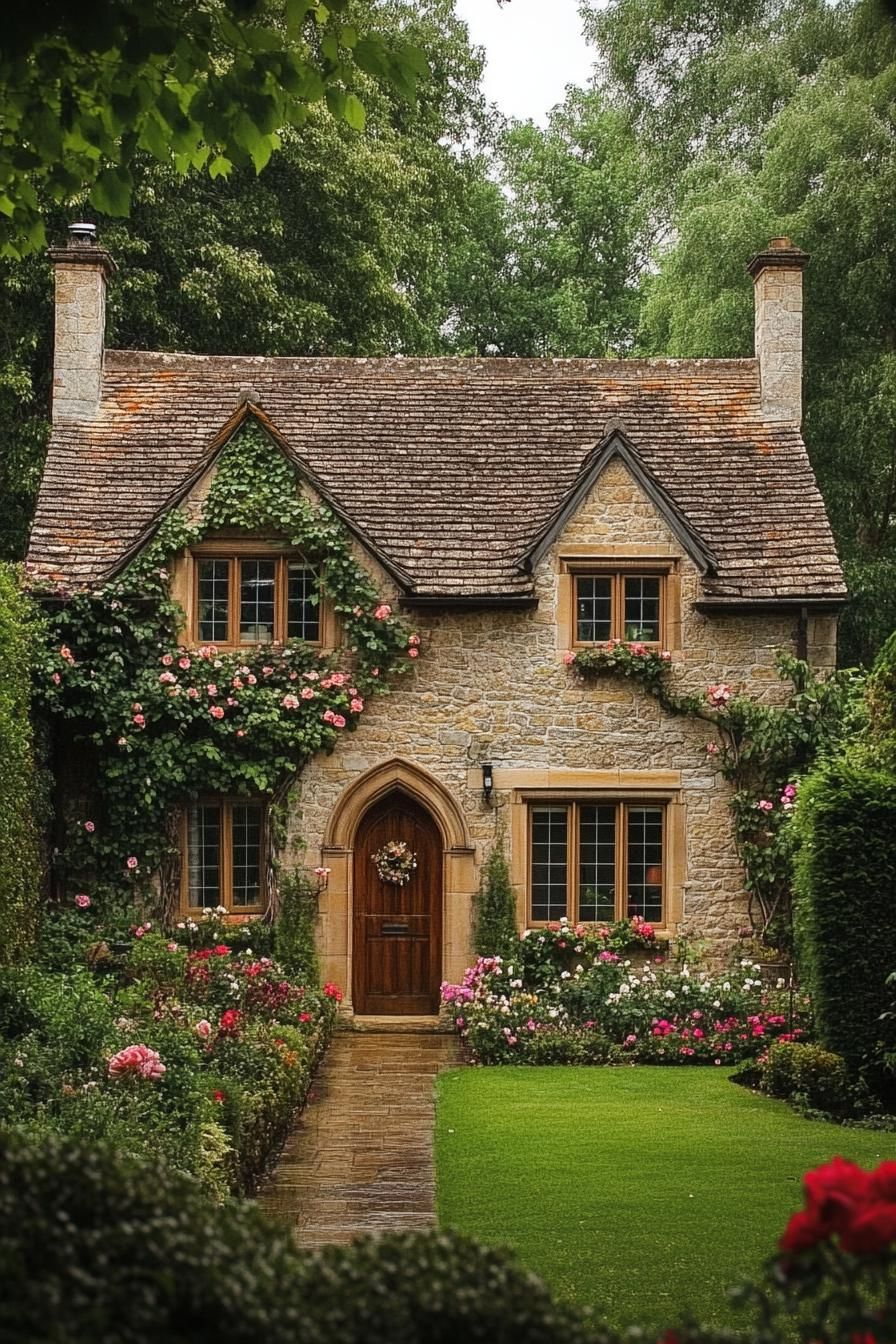 Old stone cottage with ivy and roses