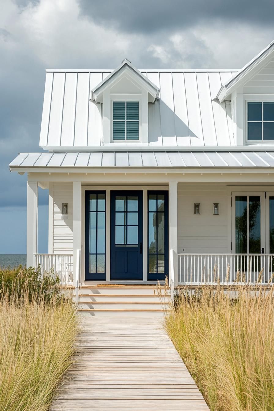 White coastal house with a blue front door and boardwalk