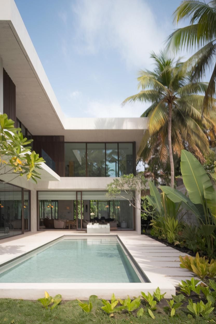 Modern villa with pool and lush greenery