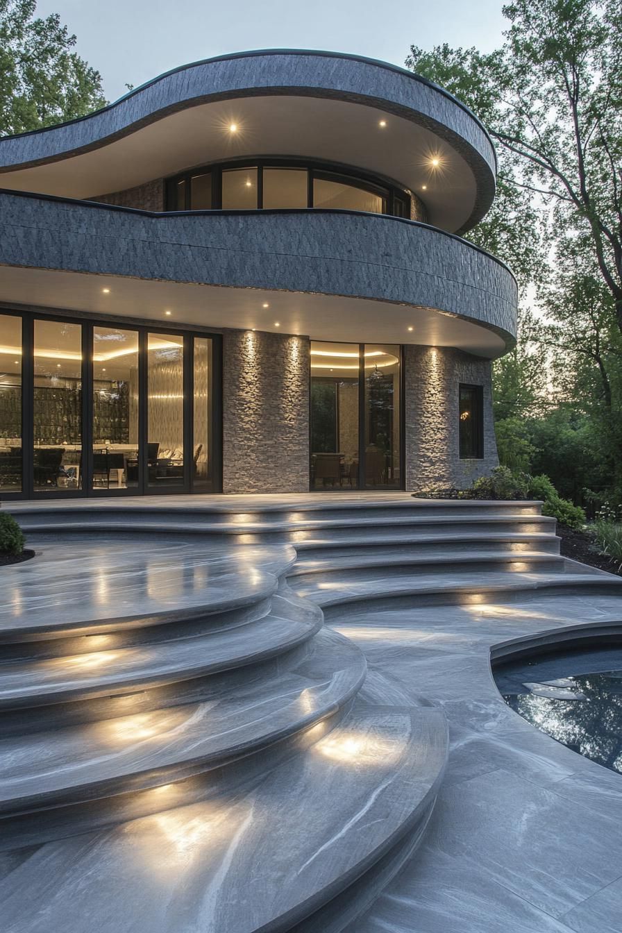 art deco curved grey granite house with indoor outdoor transition stairs leading to the upper floor with full wall glass downstairs living area with