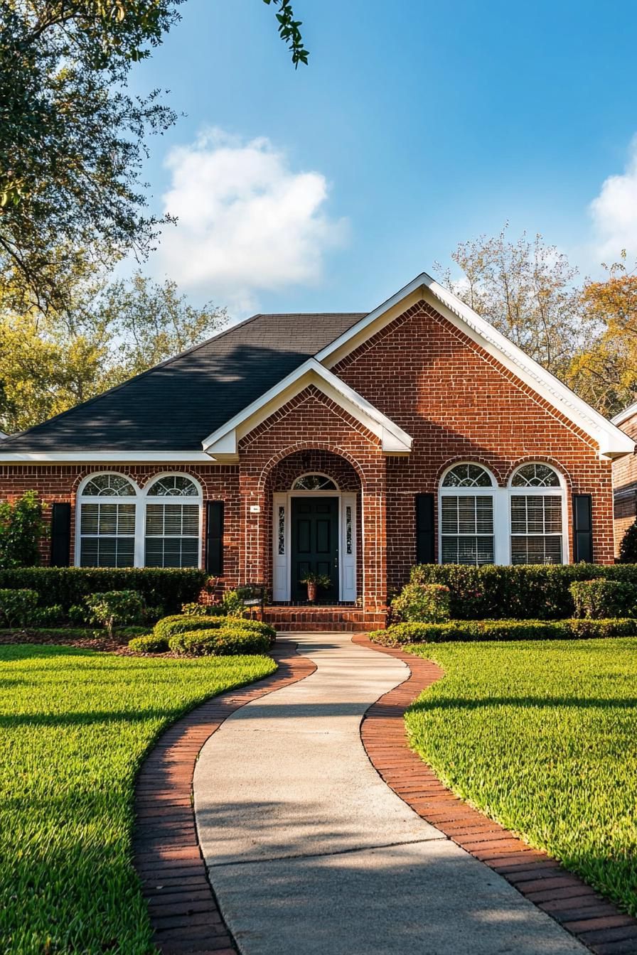 Cozy brick home with arched windows and manicured lawn