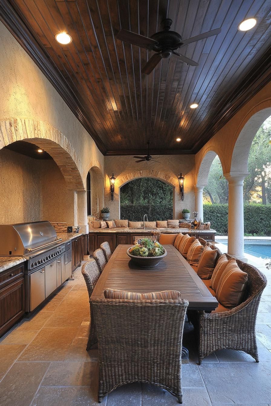 Elegant outdoor kitchen and dining area with arched openings and wicker seating