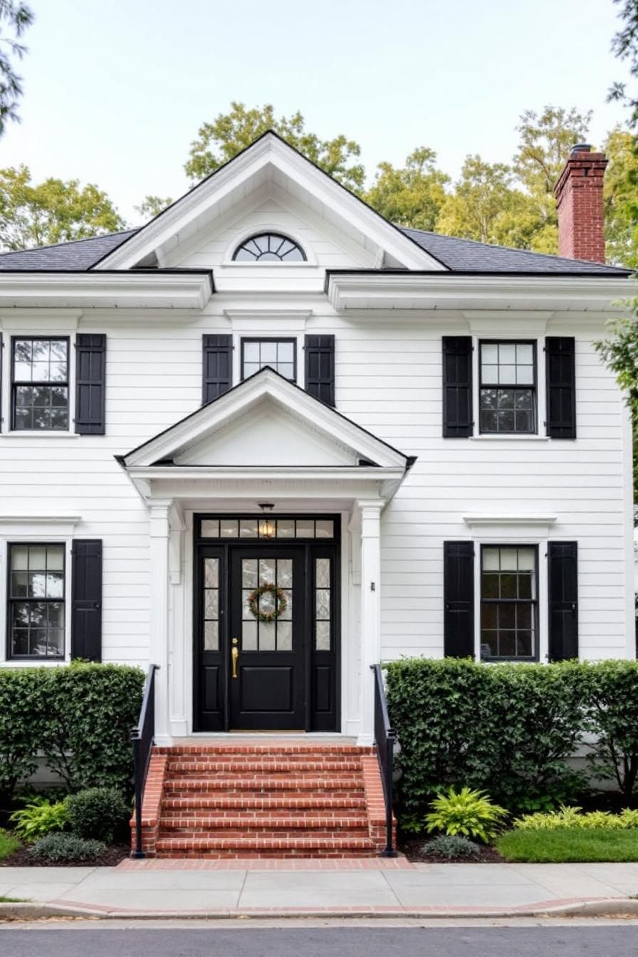 White house with black shutters and door