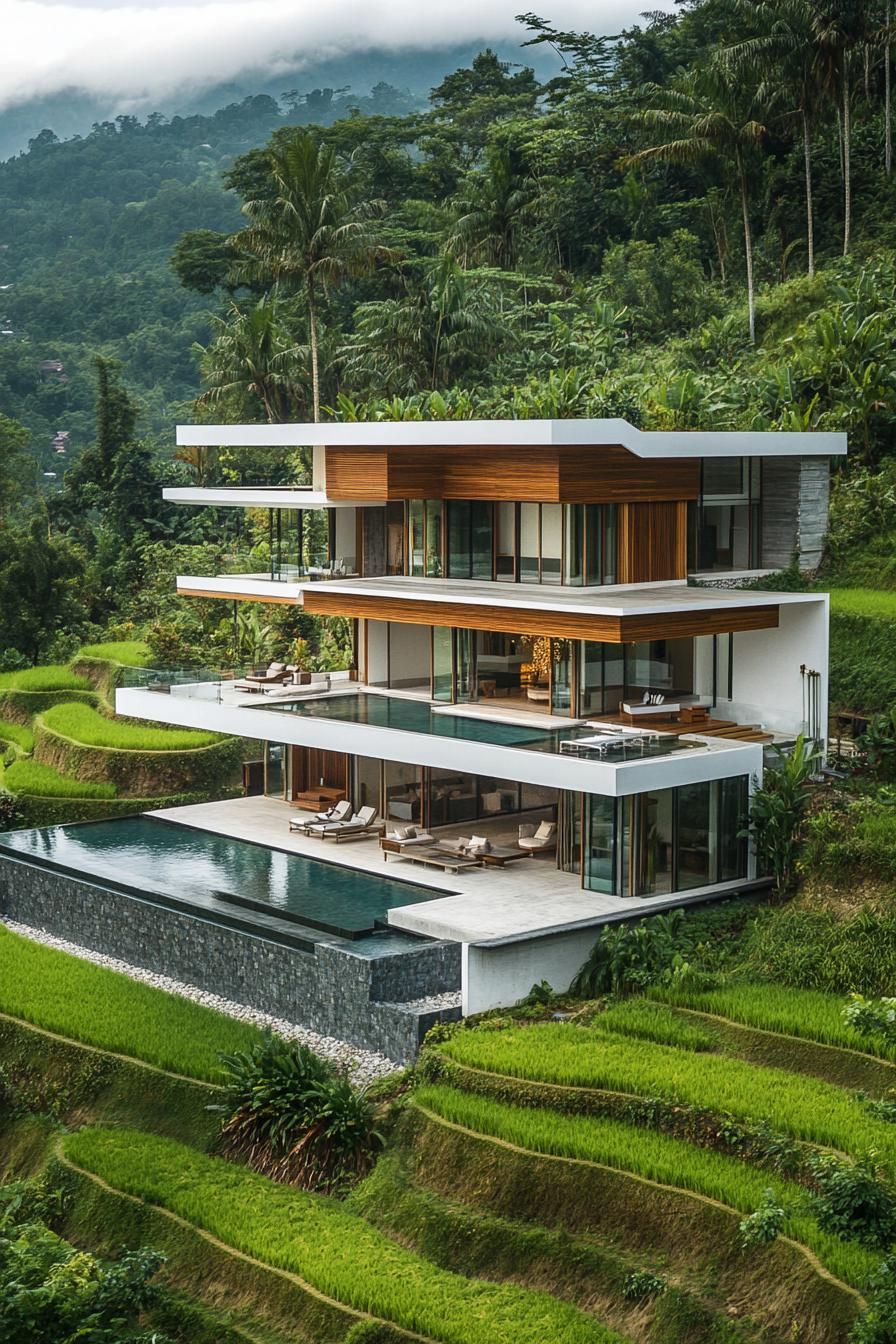 high angle view of a modern house with geometric blocked facade white and natural wood siding tropical rice terraces 3