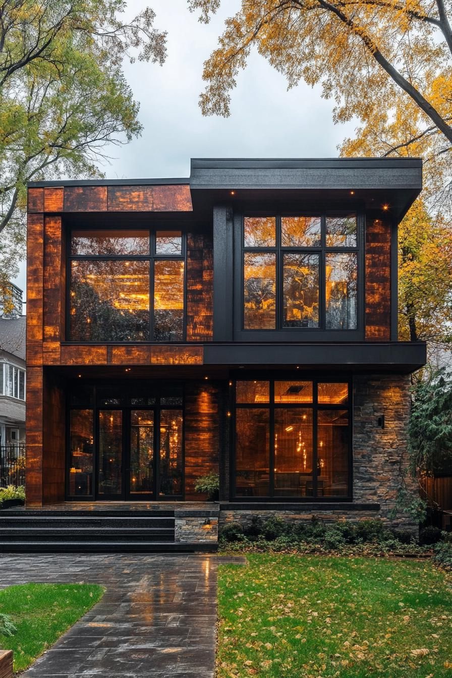 Modern house with a glowing wooden facade and large windows