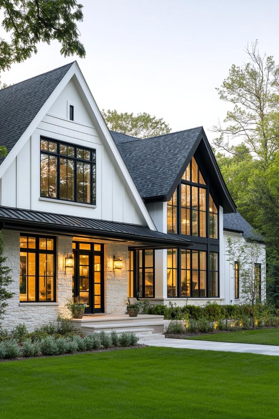 White house with black-framed windows and lush greenery