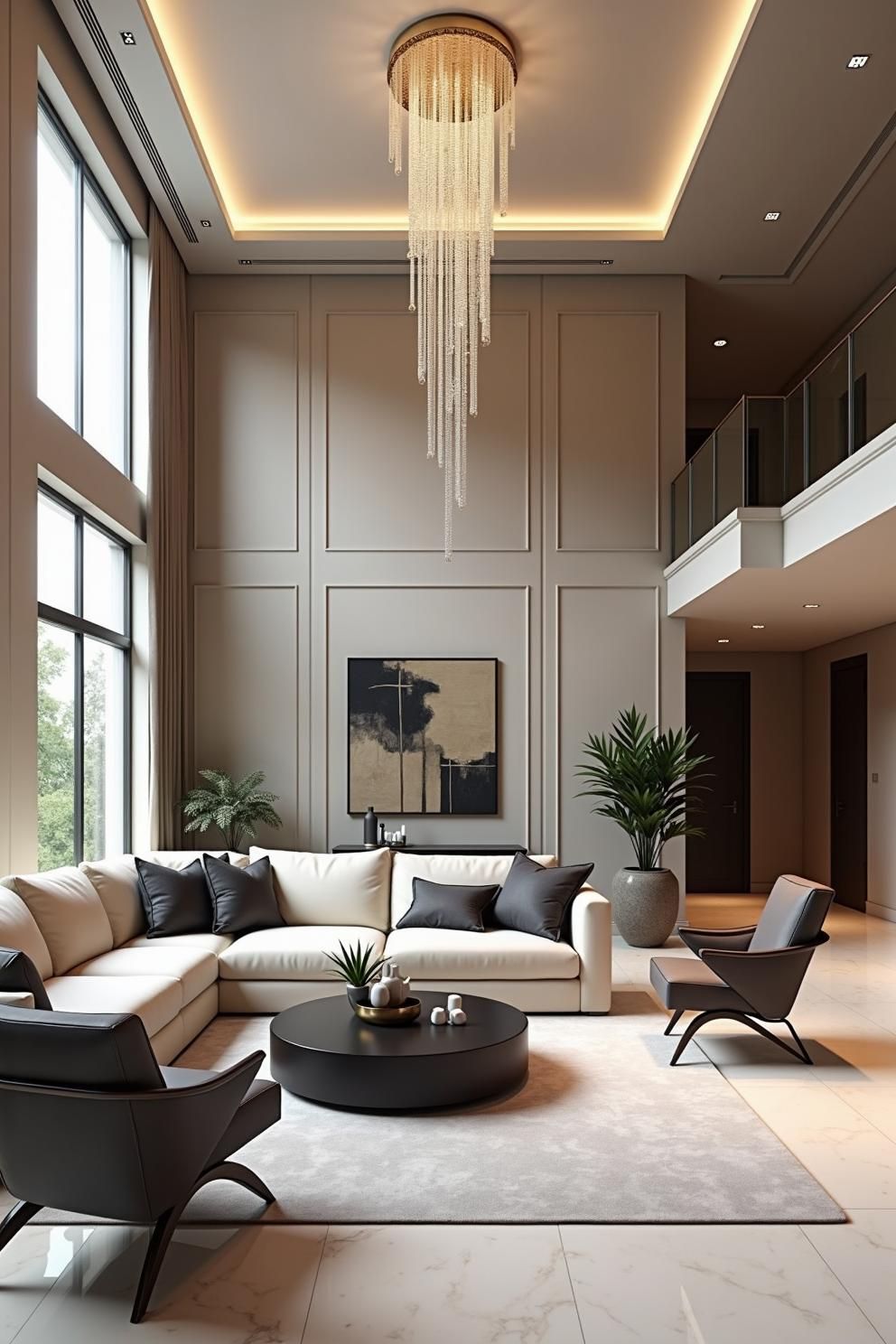 Elegant living room with high ceilings and chandelier