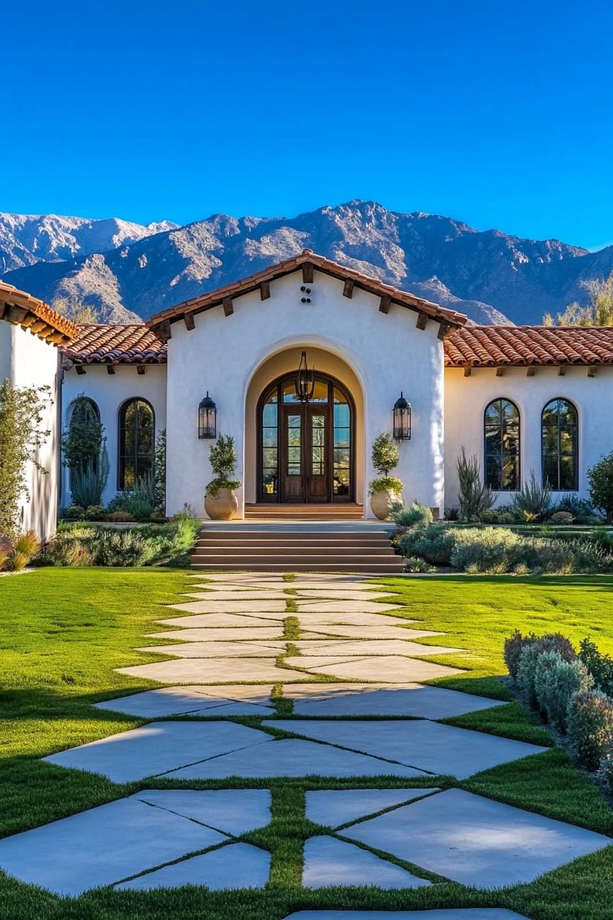 mediterranean village house with stucco siding large porch with round columns terracotta roof modern arched windows accent color front steps 2