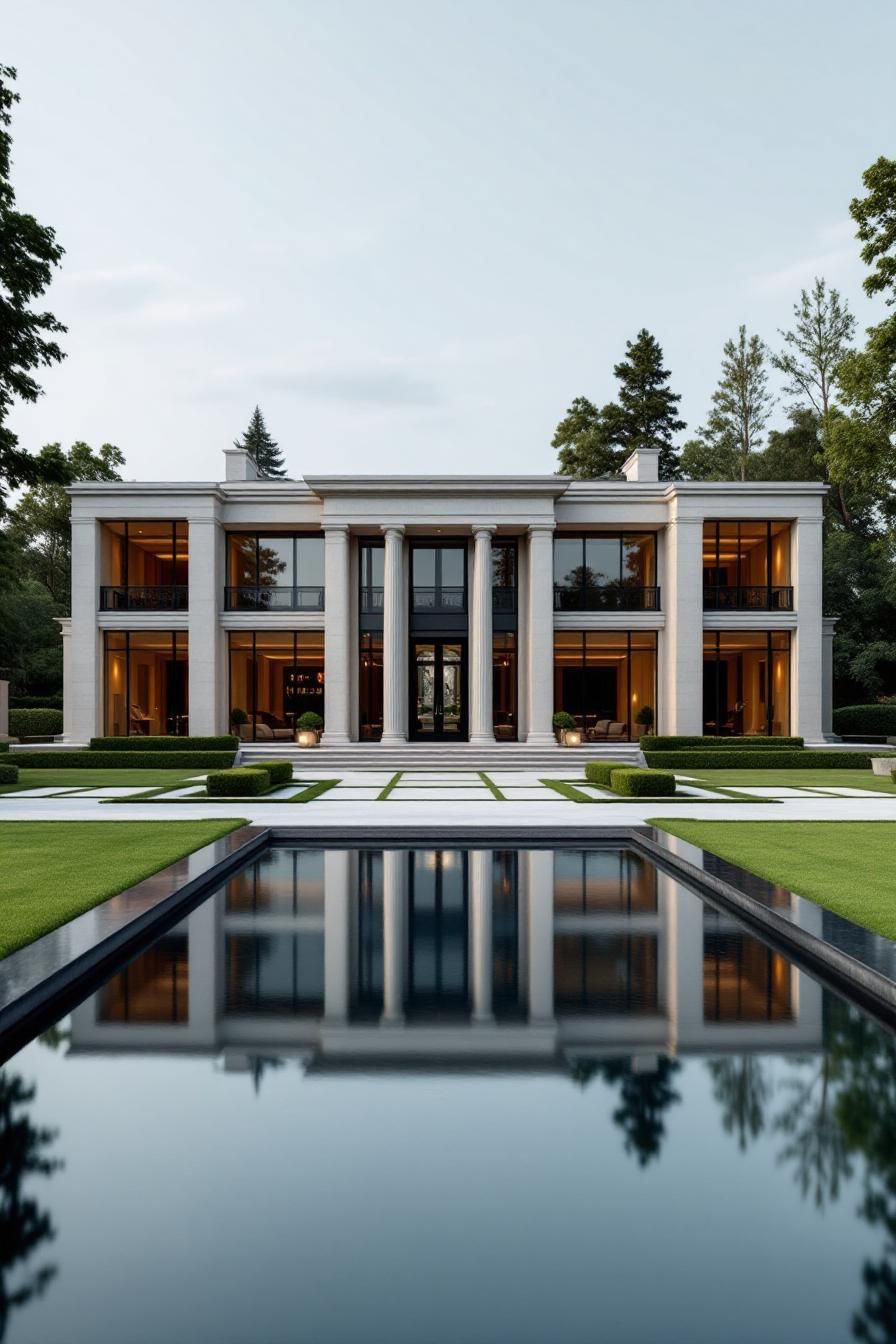 Elegant mansion with columns and pool reflection