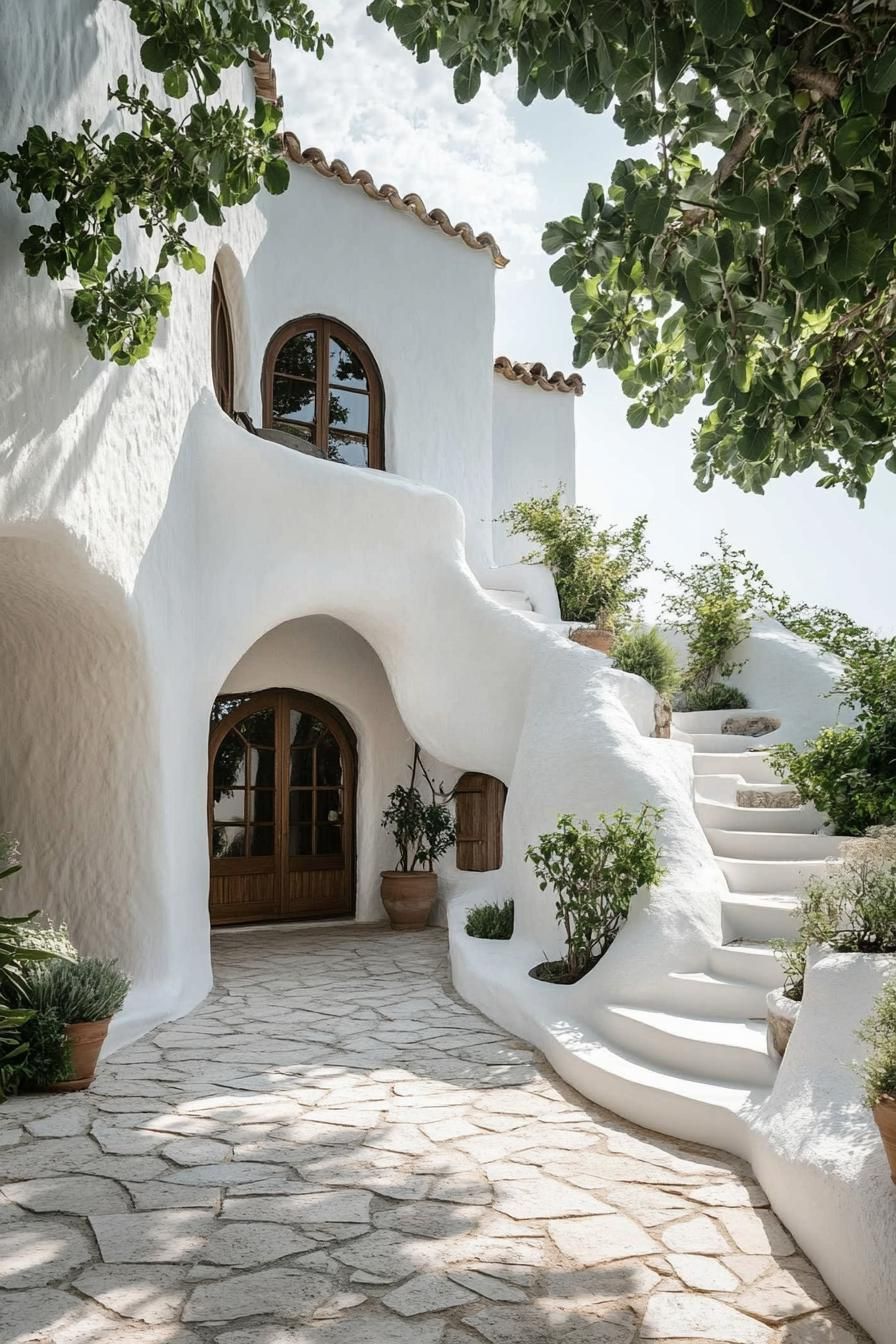 White stucco villa with curved stairway and lush greenery