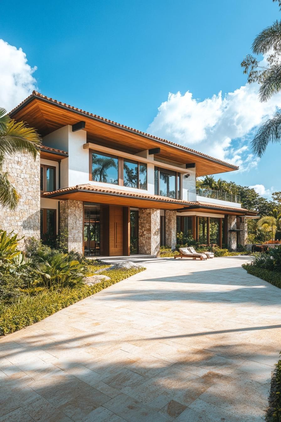 Upscale house with stone facade and lush greenery