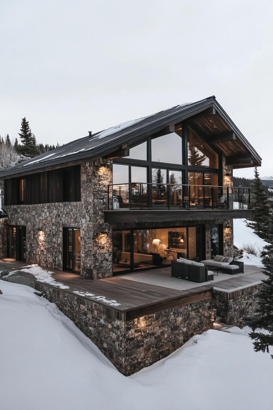 Modern stone cabin surrounded by snow