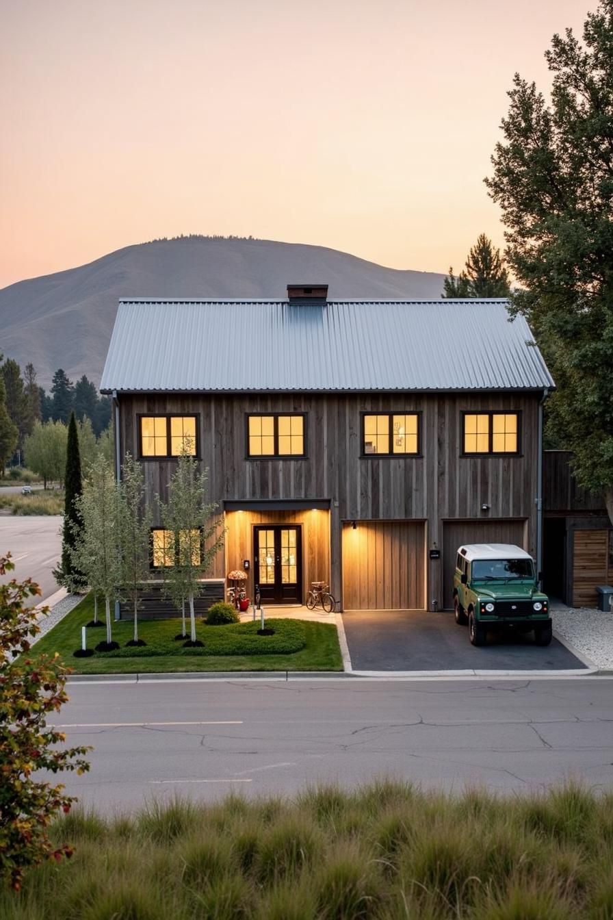 Wood-clad ranch-style house with scenic mountain background