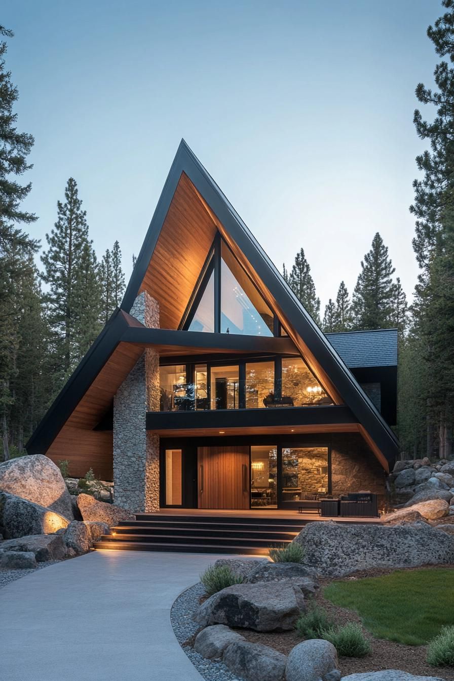 A-Frame house with stone walls and large windows