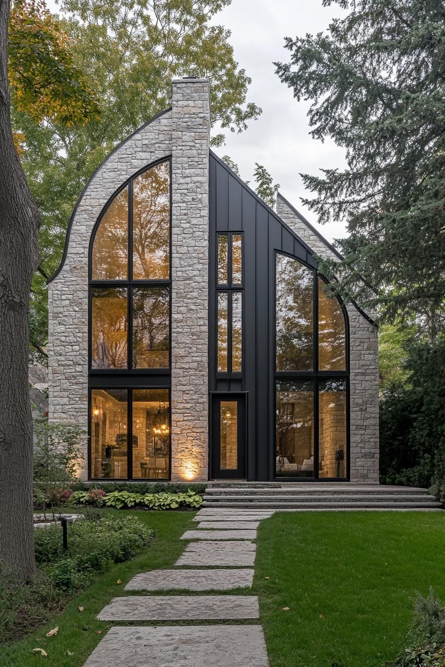 A modern stone cottage with large glass panels