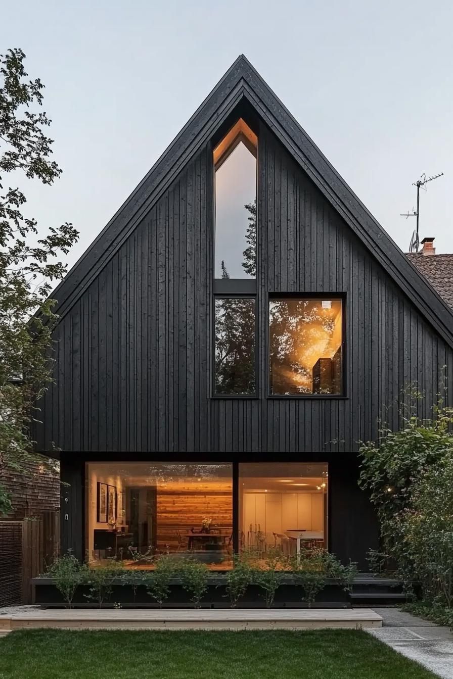 Dark modern barn house with large windows