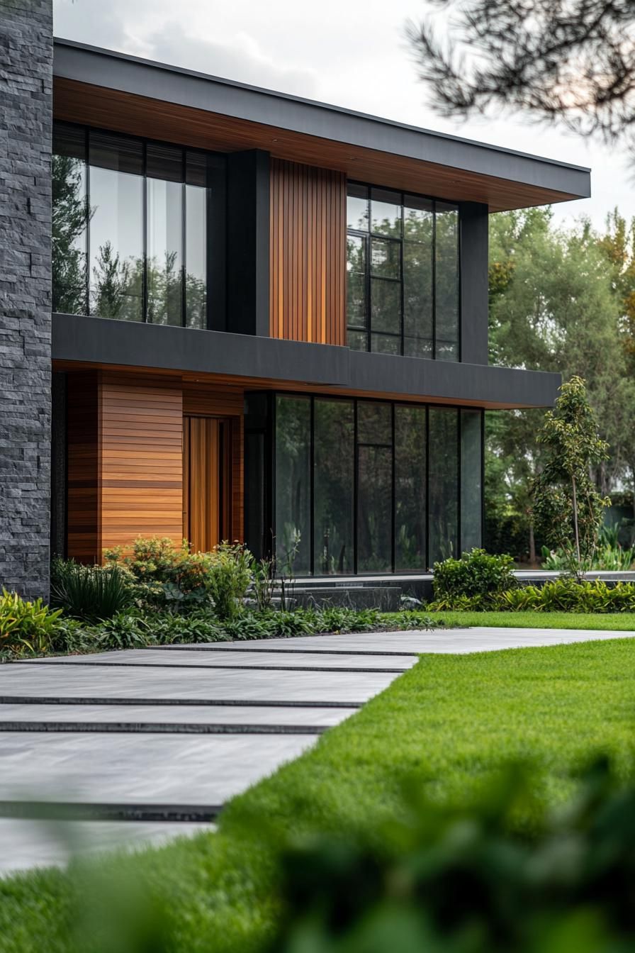 modern villa design with cascading facade dark wood slatted siding black trim dark grey granite accents veritcal full wall glass windows tall 3