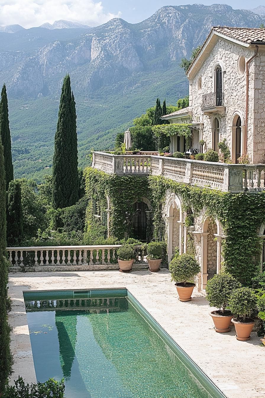 pool of italian villa yard the yard is surrounded with balustrade fence the villa has stone facade and vines there are potted plants and shrubs 2