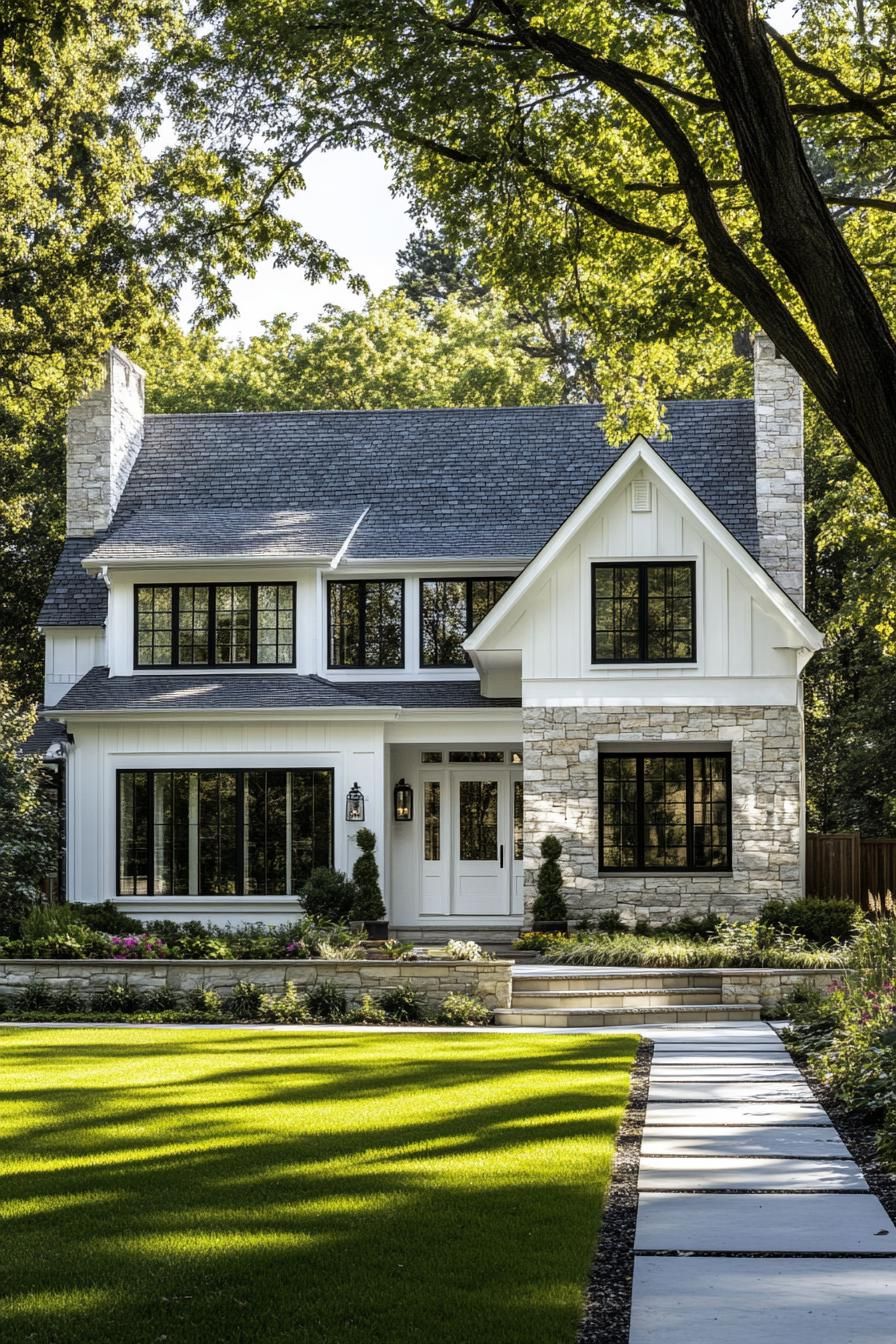 Charming white and stone house with lush lawn