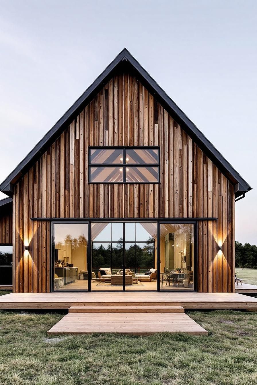 Wooden house with A-frame design and large glass panels