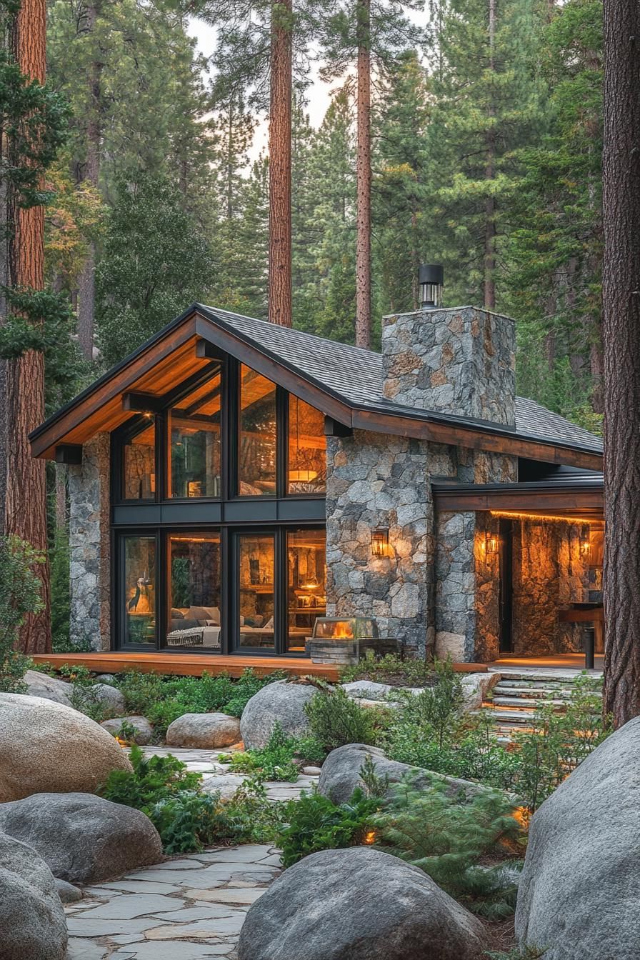 Modern cabin surrounded by tall trees and large rocks