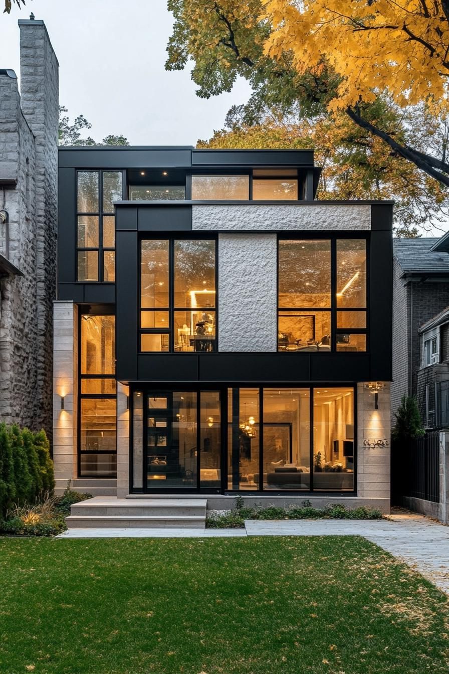 Modern house with large glass windows and lighting