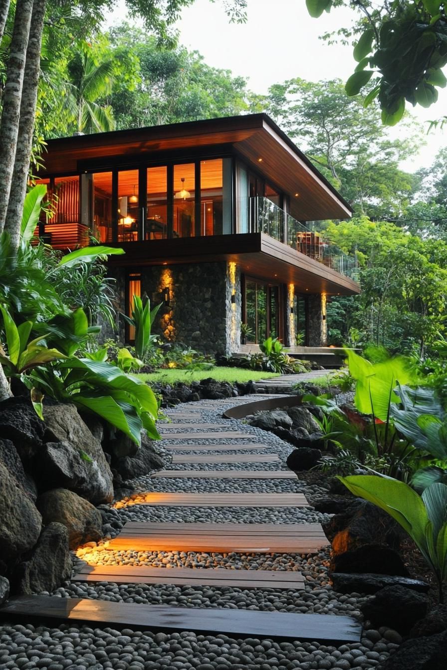 Modern tropical villa with glass walls, surrounded by lush greenery